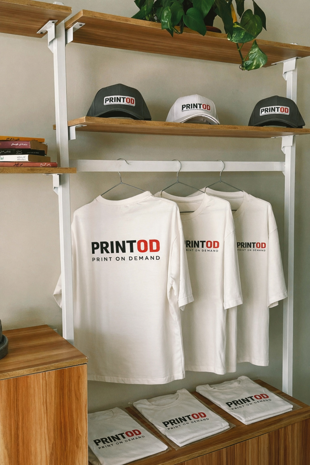 Branded apparel and caps displayed on shelves